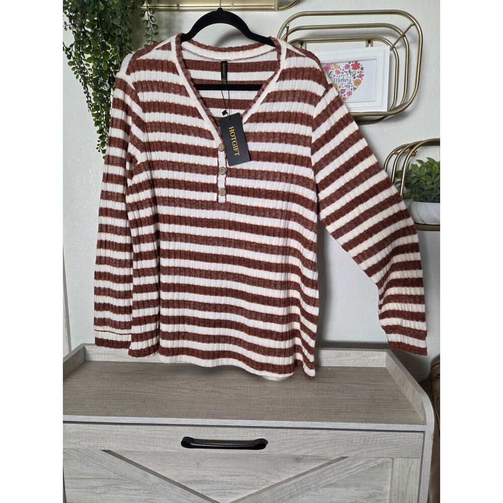 HOTGIFT Sweaters Long Sleeve V Neck Shirts Loose size XXL